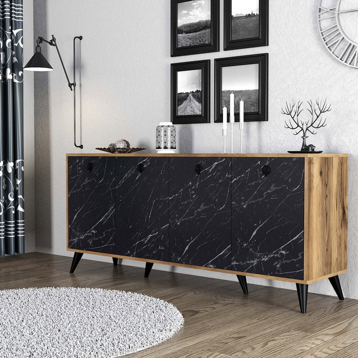 Hanah Home Consola Elite 1618, Mueble de Salón 180x80x45cm, Nogal y Mármol Negro, Diseño Bohemia y Antracita, Melamina 18mm